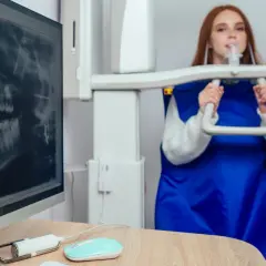 RTG zębów podczas ciąży jest bezpieczne. Kobieta w fartuchu ochronnym podchodzi do aparatu RTG.