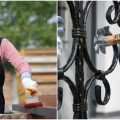Kobieta w ogrodniczkach maluje metalowy element, a ręka pędzlem odnawia kutą balustradę. Czym odtłuścić powierzchnię przed malowaniem?