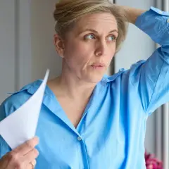 Kobieta w niebieskiej koszuli wachluje się kartką, czując uderzenia gorąca. Czy to już moment, kiedy ustępują objawy menopauzy?