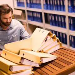 Un homme examine des dossiers dans un **archive papier**. Des étagères remplies de classeurs bleus et verts s'étendent à l'arrière-plan.
