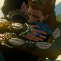 Anna i Geralt w uścisku, w tle widać dwór z dodatku Wiedźmin 3 Krew i Wino.