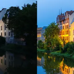 Porównanie **raw vs jpg**: ciemny, surowy obraz po lewej kontrastuje z jasnym, przetworzonym po prawej, ukazując budynki nad rzeką w wieczornym świetle.