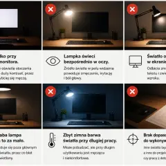 Złe oświetlenie biurka: światło monitora, lampka w oczy, odbicia, słaba lampa sufitowa, zimna barwa, brak dopasowania. Co to światło? To klucz do komfortowej pracy.