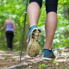 Osoba w bucikach na kijki nordic walking stawia krok na leśnej ścieżce.