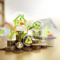 Zielone pęcherzyki z symbolami ekologii unoszą się nad stosami monet, sugerując, jak oszczędzać na ogrzewaniu i energii.
