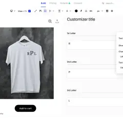 Customizing a t-shirt with a monogram. The interface allows input for three letters, with "RPL" visible on the shirt, demonstrating what a monogram is.