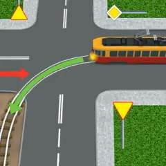 Na skrzyżowaniu, kiedy tramwaj ma pierwszeństwo, niebieski samochód musi ustąpić mu drogi, zgodnie z zieloną strzałką.