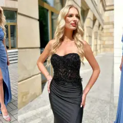 Trzy kobiety w eleganckich sukniach: niebieskiej asymetrycznej, czarnej gorsetowej i błękitnej z koronką.