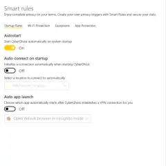 Ustawienia "Smart rules" w CyberGhost: autostart, automatyczne połączenie i uruchamianie aplikacji.