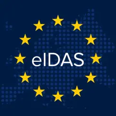 El logo eIDAS, con estrellas amarillas sobre un mapa de Europa punteado, representa la confianza digital y el certificado electrónico.