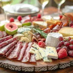 Plateau de charcuterie et fromages variés, fruits rouges et raisins. Une belle idée repas pour un apéritif gourmand.