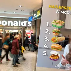 Ranking "Najlepsze wybory w McDonald's", gdzie widać wejście do restauracji i listę dań, od sałatki po nuggetsy. Sprawdzamy, co ma najmniej kalorii w Mc.