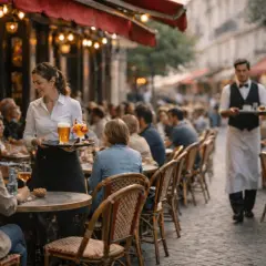 Une serveuse apporte des boissons à une terrasse animée, un serveur passe en arrière-plan. L'ambiance suggère le meilleur bistrot parisien.