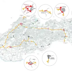Mapa Słowacji z zaznaczonymi drogami, miastami i tunelami, z powiększeniami wybranych obszarów.