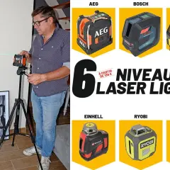 Un homme utilise un niveau laser pour tracer des lignes vertes sur un mur. Le visuel présente plusieurs modèles pour choisir niveau laser : AEG, Bosch, Dewalt, Einhell, Ryobi, Skil.