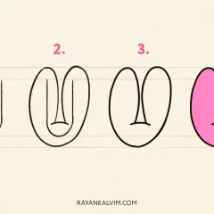 Pasos para dibujar la letra U mayúscula: un trazo vertical, luego se curvan los extremos y se añade una línea horizontal. Finalmente, se rellena de rosa.