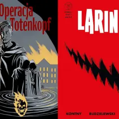 Pop art okładki komiksów: "Operacja Totenkopf" z płonącą czaszką i postaciami w kapturach oraz "LARINAE" z czerwonym tłem i czarnym, ostrym wzorem.