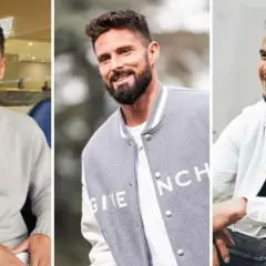 Trzech przystojnych piłkarzy: Jude Bellingham, Olivier Giroud i Mason Mount, uśmiechają się do obiektywu.