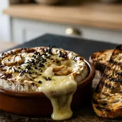 Un camembert au barbecue fondant, garni d'ail et de thym, servi avec des tranches de pain grillé. Un délice à partager !