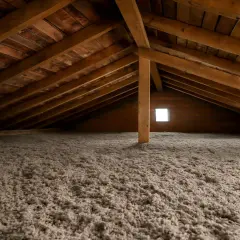 Solaio non calpestabile con isolamento in fibra. Travi in legno e un piccolo lucernario illuminano l'ambiente.