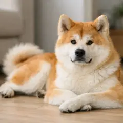 Piękna akita leży na podłodze, zastanawiając się, ile żyje akita. Jej puszysty ogon i spokojne spojrzenie budzą sympatię.