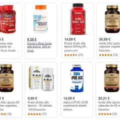 Varias botellas y cajas de suplementos de ácido alfa lipoico en diferentes marcas y presentaciones.
