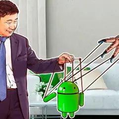 Mężczyzna w garniturze steruje Androidem jak marionetką, podczas gdy inna dłoń z długimi pazurami również pociąga za sznurki, sugerując kontrolę nad systemem, nawet na poziomie root.