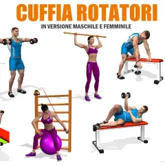 Uomini e donne eseguono esercizi per la cuffia dei rotatori con elastici, manubri e palla fitness.