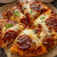 Chrupiące ciasto na pizzę z serem i pepperoni, ozdobione listkami bazylii. Idealne na szybką przekąskę.