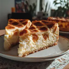 Dwa kawałki puszystego sernika krakowskiego z kratką z ciasta na wierzchu, podane na talerzyku.
