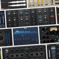 Eine Collage aus Audio-Plugins, die das Mastering von Musik mit verschiedenen Werkzeugen wie Kompressoren und EQs zeigt.