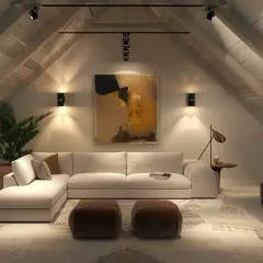 Przytulny salon na poddaszu z wygodną sofą i dwoma pufami. **Ledy na skosach** podkreślają architekturę wnętrza.
