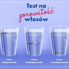 Test na porowatość włosów: włosy niskoporowate unoszą się, średnioporowate opadają na środek, a wysokoporowate toną.