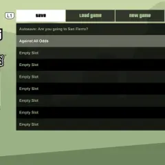 Menü von GTA San Andreas auf PS4. Hier werden Speicherstände verwaltet, um das Spiel fortzusetzen.