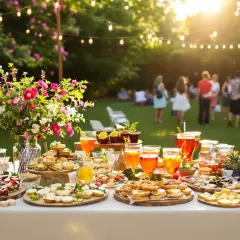 Un apéro dinatoire d'anniversaire en extérieur, avec des boissons colorées, des petits fours et des toasts. Des guirlandes lumineuses illuminent la scène.