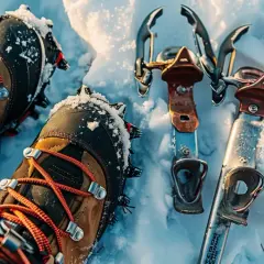 Buty trekkingowe z rakami górskimi i czekany leżą na śniegu, gotowe na zimową wyprawę.