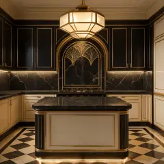 Elegancka kuchnia art deco z czarnymi, marmurowymi blatami, złotymi detalami i geometryczną podłogą.