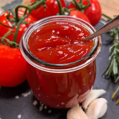 Frisch zubereiteter Ketchup in einem Glas, umgeben von Tomaten, Knoblauch und Rosmarin. So einfach ist es, Ketchup selber machen!
