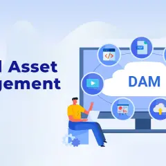 Illustration explaining Digital Asset Management (DAM) with icons for PDF, code, video, security, and cloud storage.