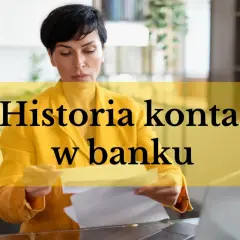 Kobieta w żółtej marynarce analizuje dokumenty. Tekst na obrazku: "Historia konta w banku". Dowiedz się, jak długo bank przechowuje historię konta po zamknięciu.