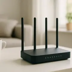 Czarny router z antenkami na białym stole, obok kubek i książka. Zastanawiasz się, ile prądu zużywa router?