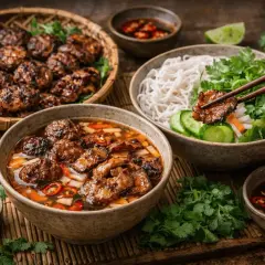 En skål med bun cha, grillat fläskkött i buljong, risnudlar, färska örter och chili.