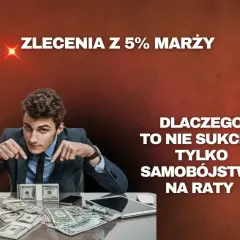 Młody mężczyzna przy biurku z pieniędzmi. Zlecenia z 5% marży to samobójstwo na raty dla firmy transportowej.