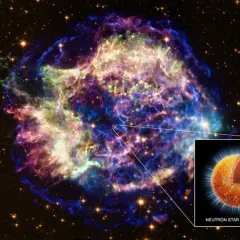 Kolorowa mgławica kosmiczna, w której znajduje się gwiazda neutronowa. Jej masa jest ogromna, porównywalna do masy Saturna.