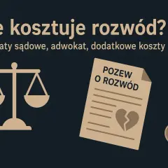 Grafika przedstawia wagę sprawiedliwości, pozew o rozwód ze złamanym sercem i monety zł.
