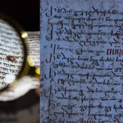 Starożytny manuskrypt z hebrajskimi tekstami, badany przez lupę. Obok fragment starożytnego tekstu w innym języku, być może maur.