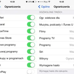 Ustawienia kontroli rodzicielskiej na telefonie: zarządzanie dostępem do aplikacji, treści i funkcji, np. Safari, Aparat, FaceTime, iTunes Store, Siri.