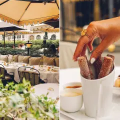 Terrasse chic à Paris, ambiance "coco paris". Des churros gourmands à déguster avec une boisson fraîche.