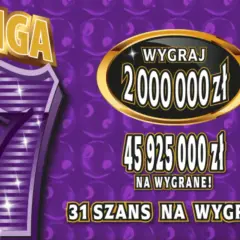 Grafika z dużą cyfrą 7, napisem GIGA i informacjami o wygranych w zdrapkach.