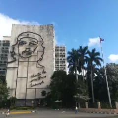 Monumentalny portret Che Guevary zdobi budynek w Hawanie, stolicy Kuby. Obok palm i kubańska flaga.